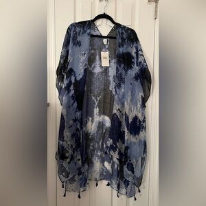 Blue and Black Tie-Dye Kimono swim coverup
